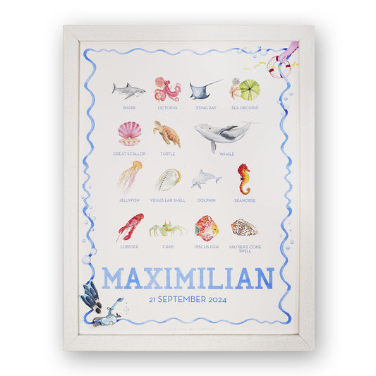 Close-up of a watercolour print of ocean creatures lined up in a row, an artwork for a child's room.