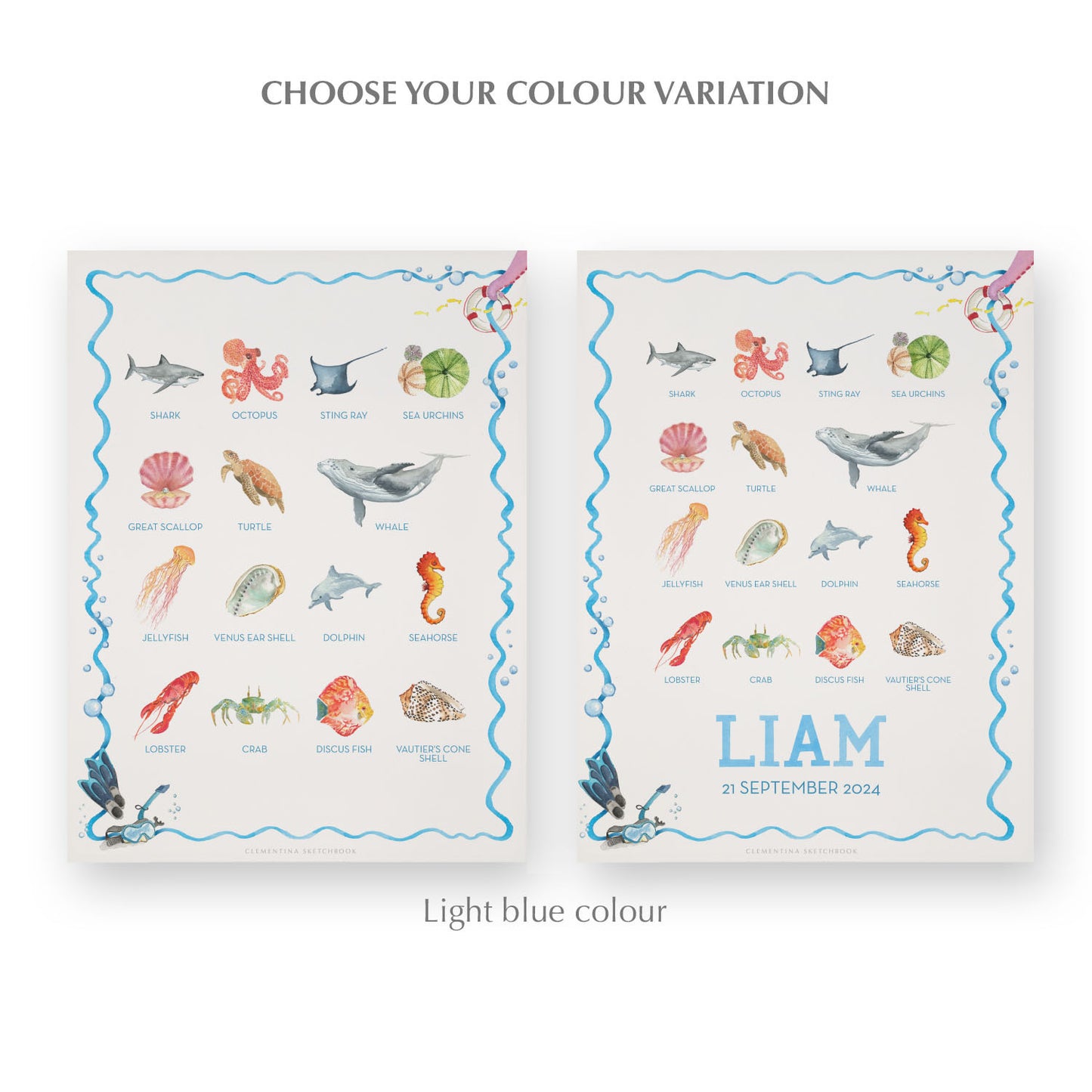 Image of the two watercolour designs side-by-side, one blank at the bottom, the other with a personalised name and date in blue.