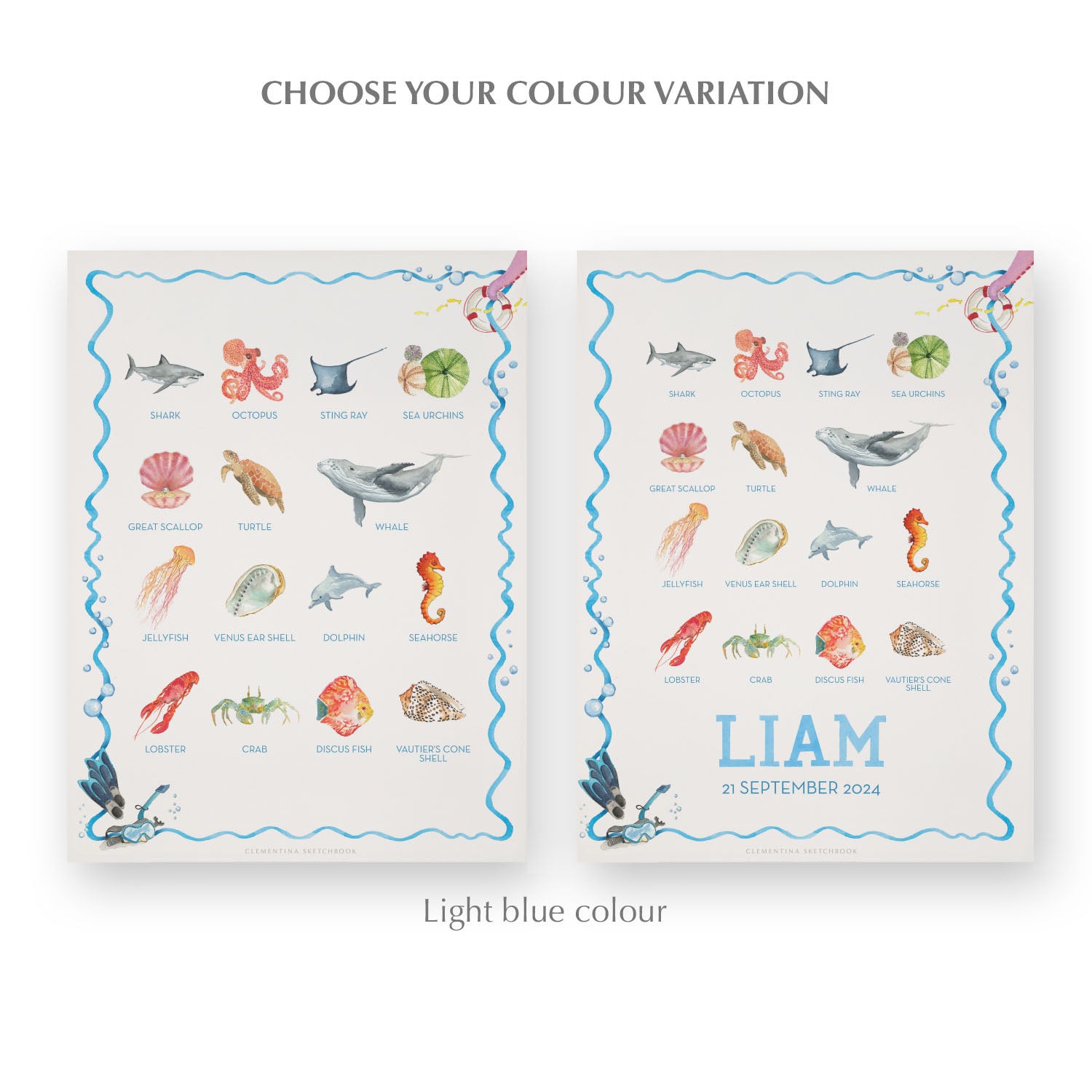 Image of the two watercolour designs side-by-side, one blank at the bottom, the other with a personalised name and date in blue.