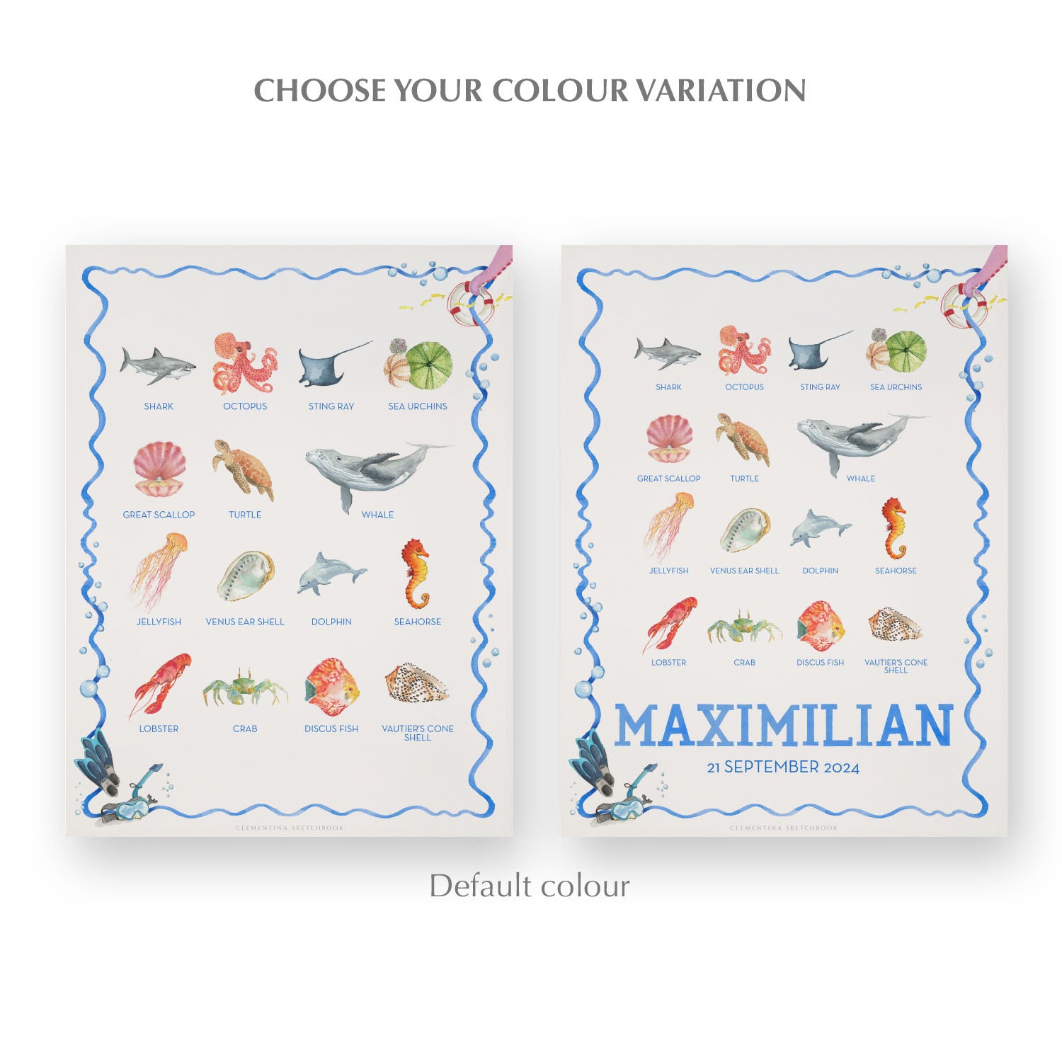 Image of the two watercolour designs side-by-side, one blank at the bottom, the other with a personalised name and date in blue.