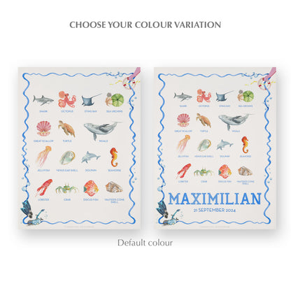 Image of the two watercolour designs side-by-side, one blank at the bottom, the other with a personalised name and date in blue.