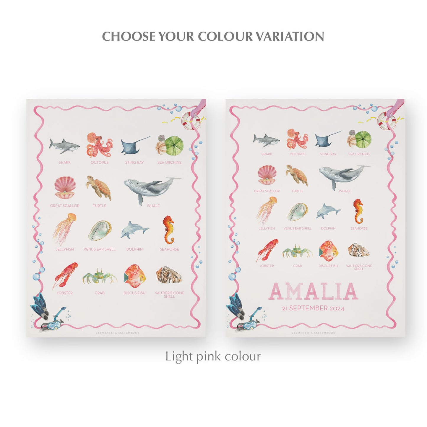 Image of the two watercolour designs side-by-side, one blank at the bottom, the other with a personalised name and date in pink.
