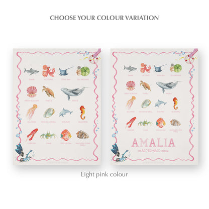 Image of the two watercolour designs side-by-side, one blank at the bottom, the other with a personalised name and date in pink.