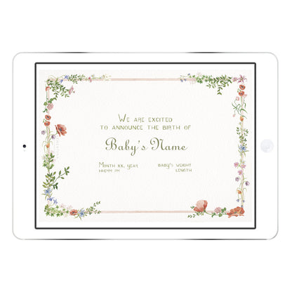 Blank Wild Blooms online birth announcement template from Clementina Sketchbook with botanical watercolour wildflowers, ready for personalised name and birth stats.