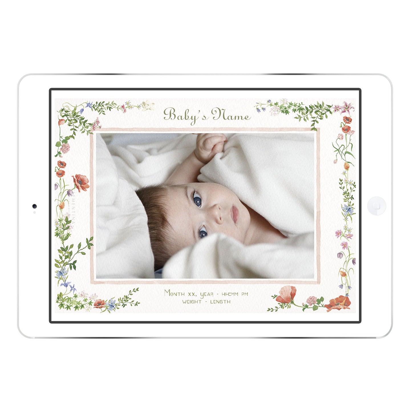 Wild Blooms digital birth announcement from Clementina Sketchbook with baby photo on an iPad screen, featuring a hand-painted watercolour wildflower border and personalised birth details.