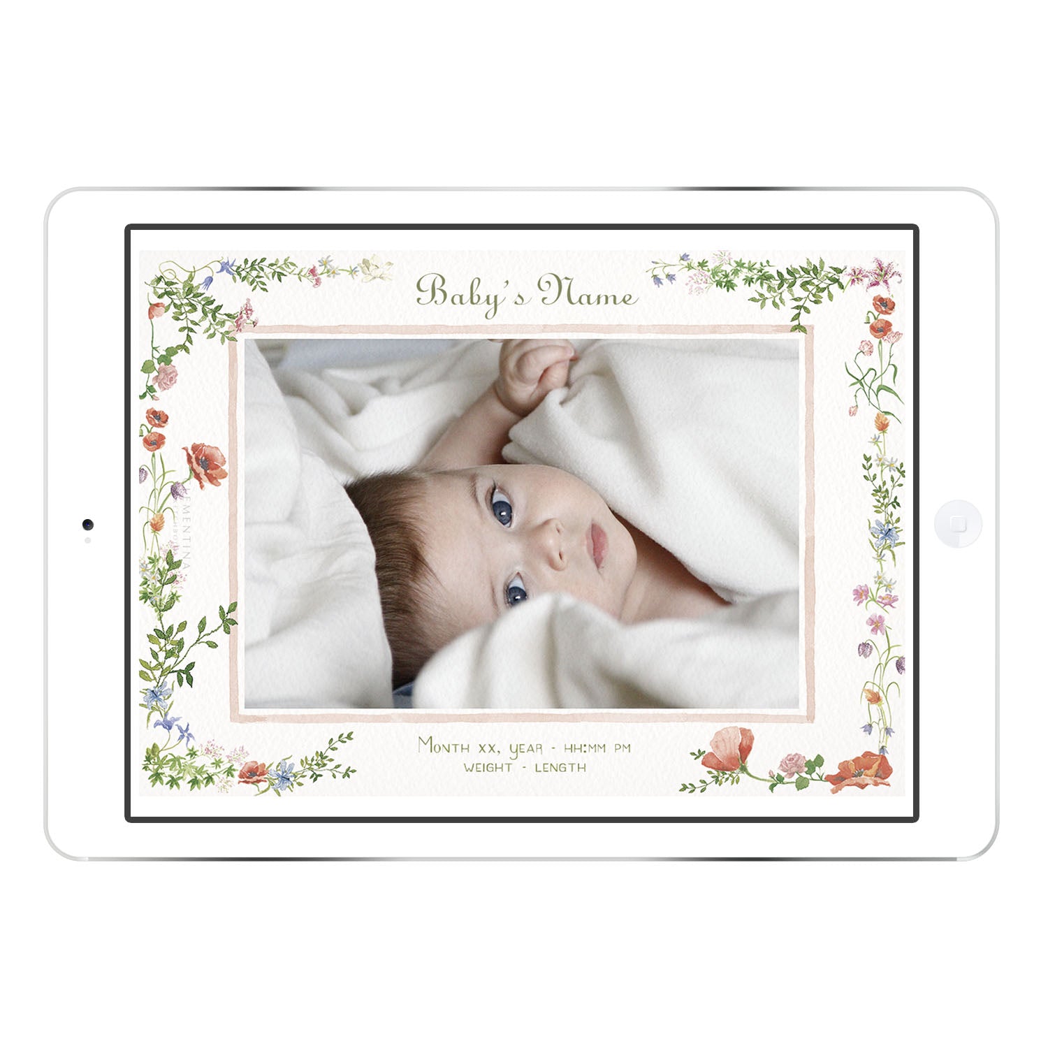Wild Blooms digital birth announcement from Clementina Sketchbook with baby photo on an iPad screen, featuring a hand-painted watercolour wildflower border and personalised birth details.
