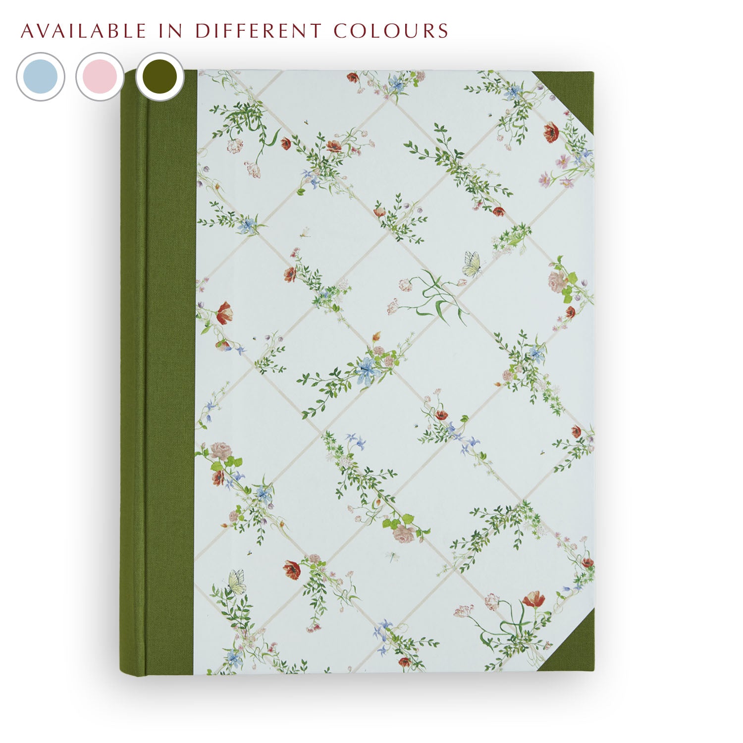 Green Wild Blooms Photo Album with hand-painted floral design, personalised photo album handmade in Italy.