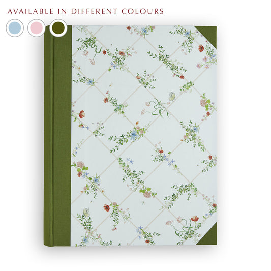 Green Wild Blooms Photo Album with hand-painted floral design, personalised photo album handmade in Italy.