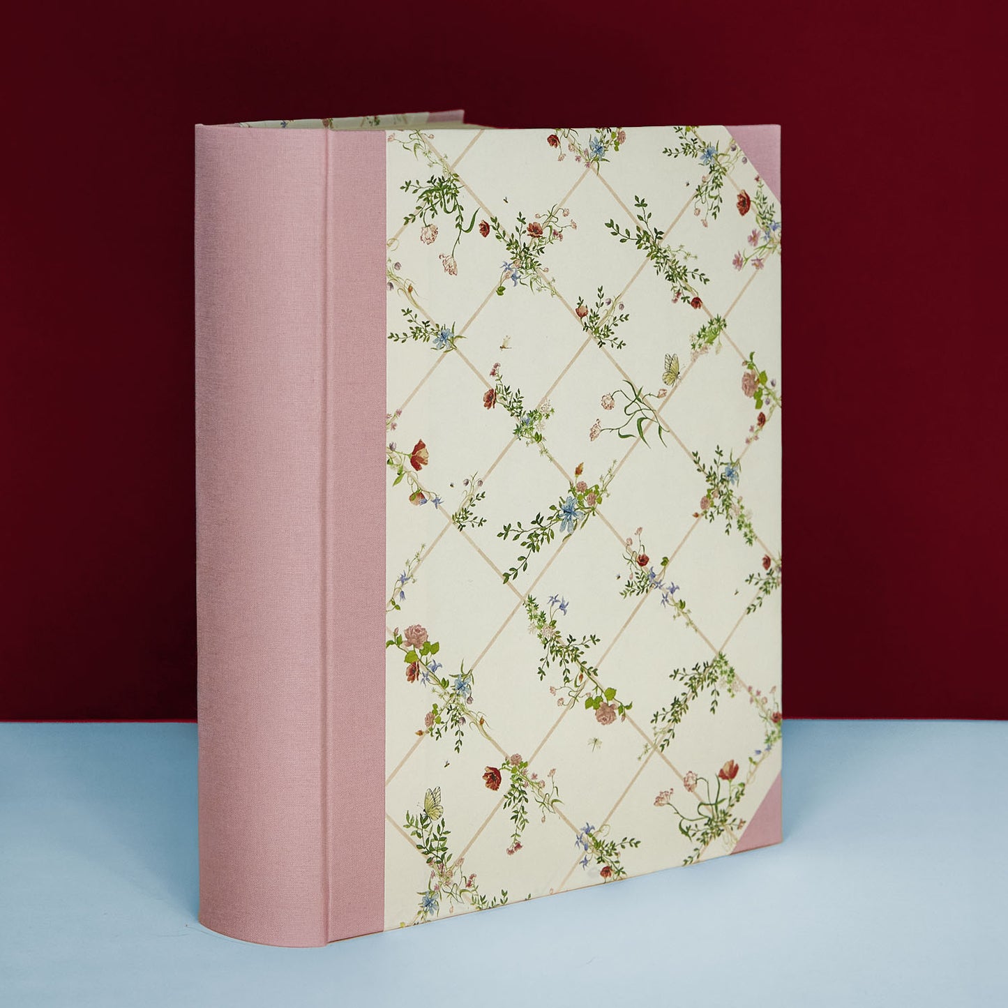 Light pink Wild Blooms personalised photo album, handmade floral design memory book.