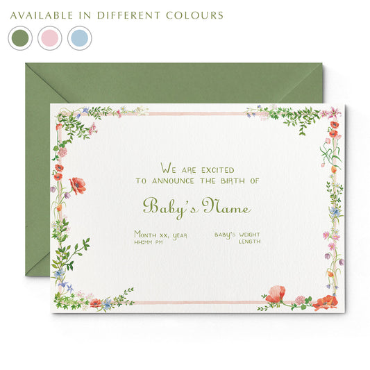 Image of Clementina Sketchbook's wild bloom printed birth announcement with a pale pink and floral border, personalised text, and a green envelope. In the corner of the image there is a colour wheel showing the different colours available for this personalised birth announcements: green, pink and blue.
