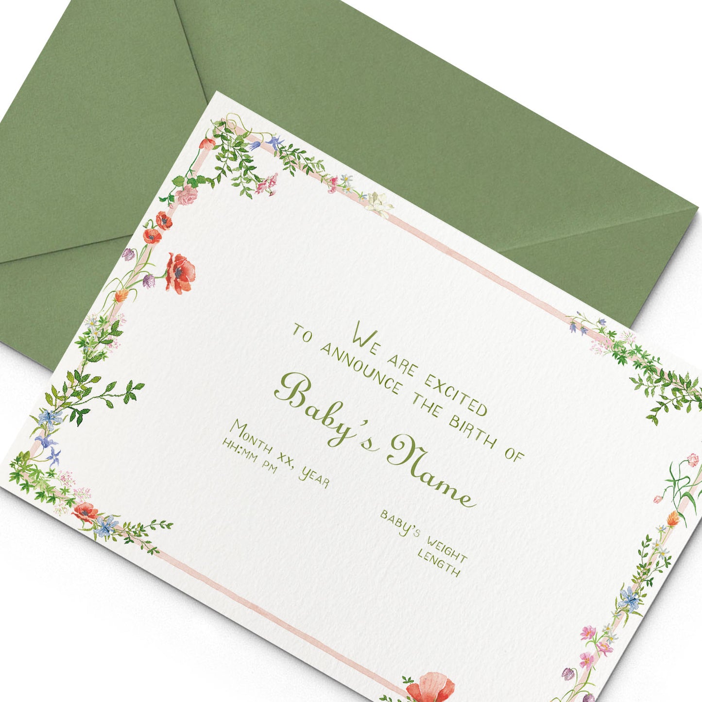 Image of Clementina Sketchbook's wild bloom printed birth announcement with a pale pink and floral border, personalised text, and a green envelope. 