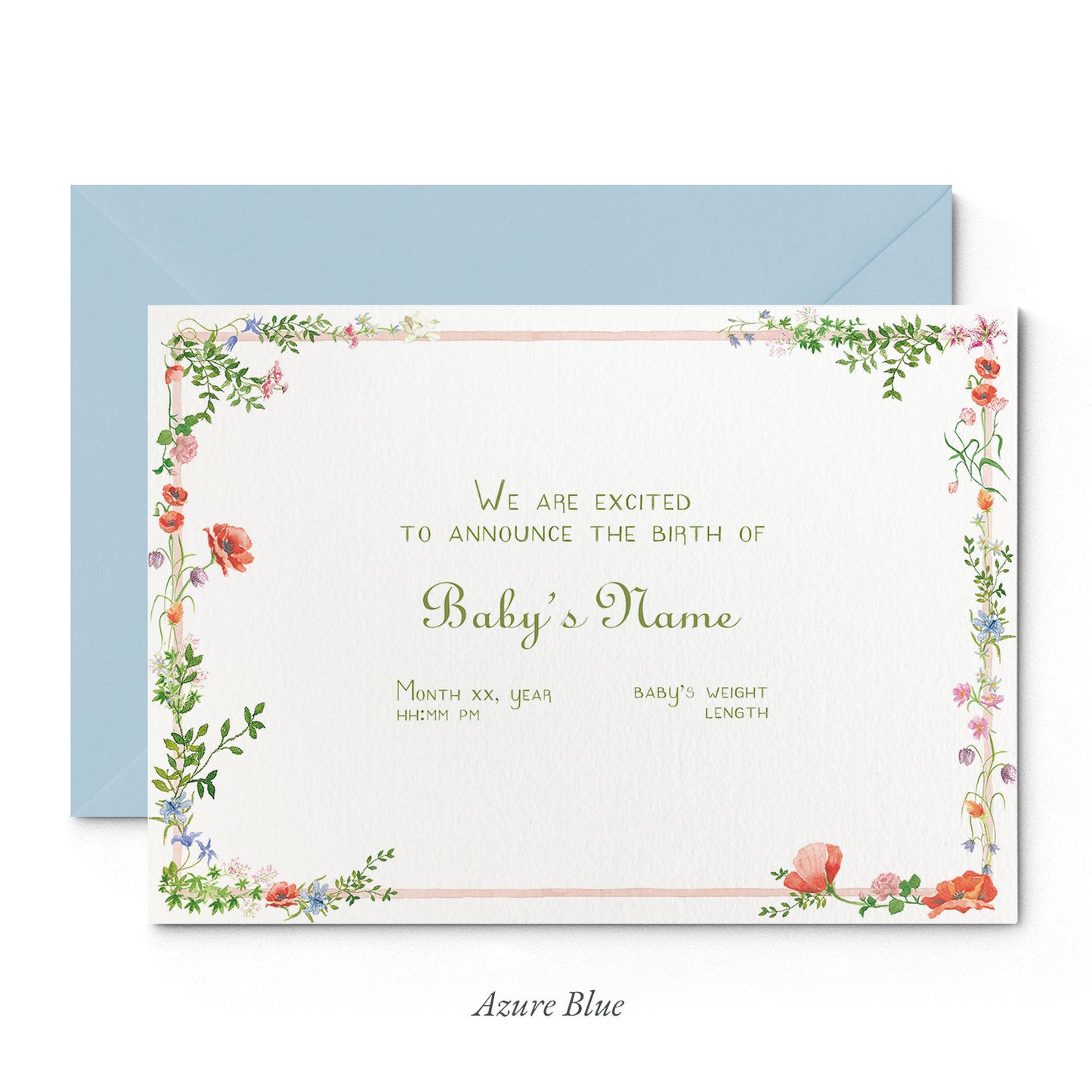 Image of Clementina Sketchbook's wild bloom printed birth announcement with a pale pink and floral border, personalised text, and a light blue envelope. 