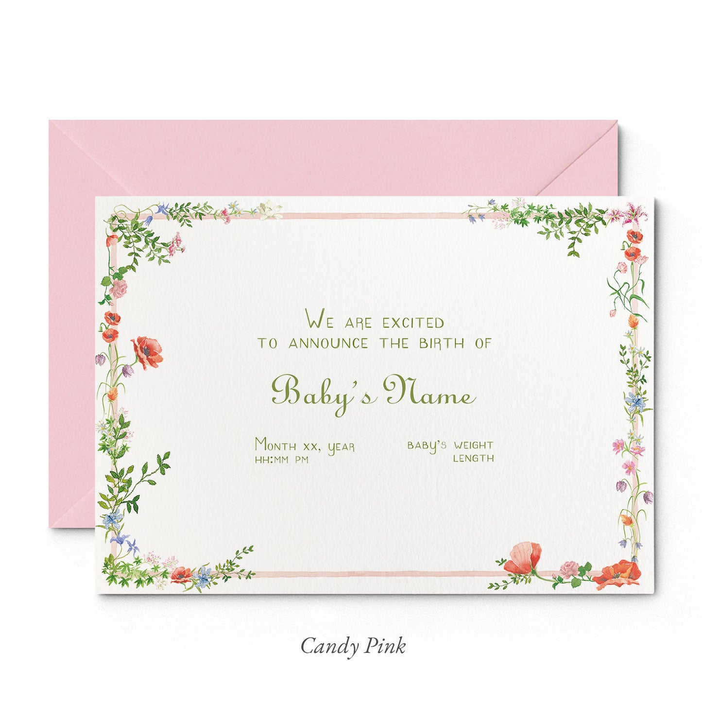 Image of Clementina Sketchbook's wild bloom printed birth announcement with a pale pink and floral border, personalised text, and a light pink envelope. 