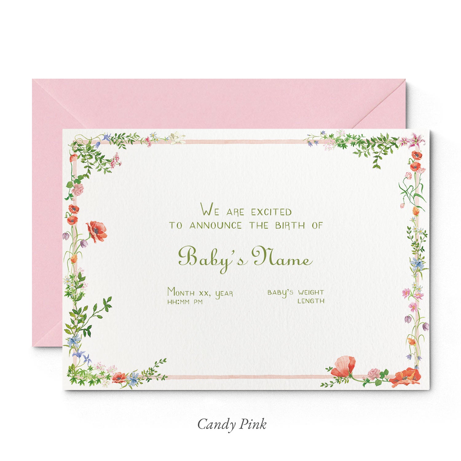 Image of Clementina Sketchbook's wild bloom printed birth announcement with a pale pink and floral border, personalised text, and a light pink envelope. 