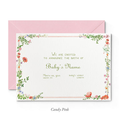 Image of Clementina Sketchbook's wild bloom printed birth announcement with a pale pink and floral border, personalised text, and a light pink envelope. 