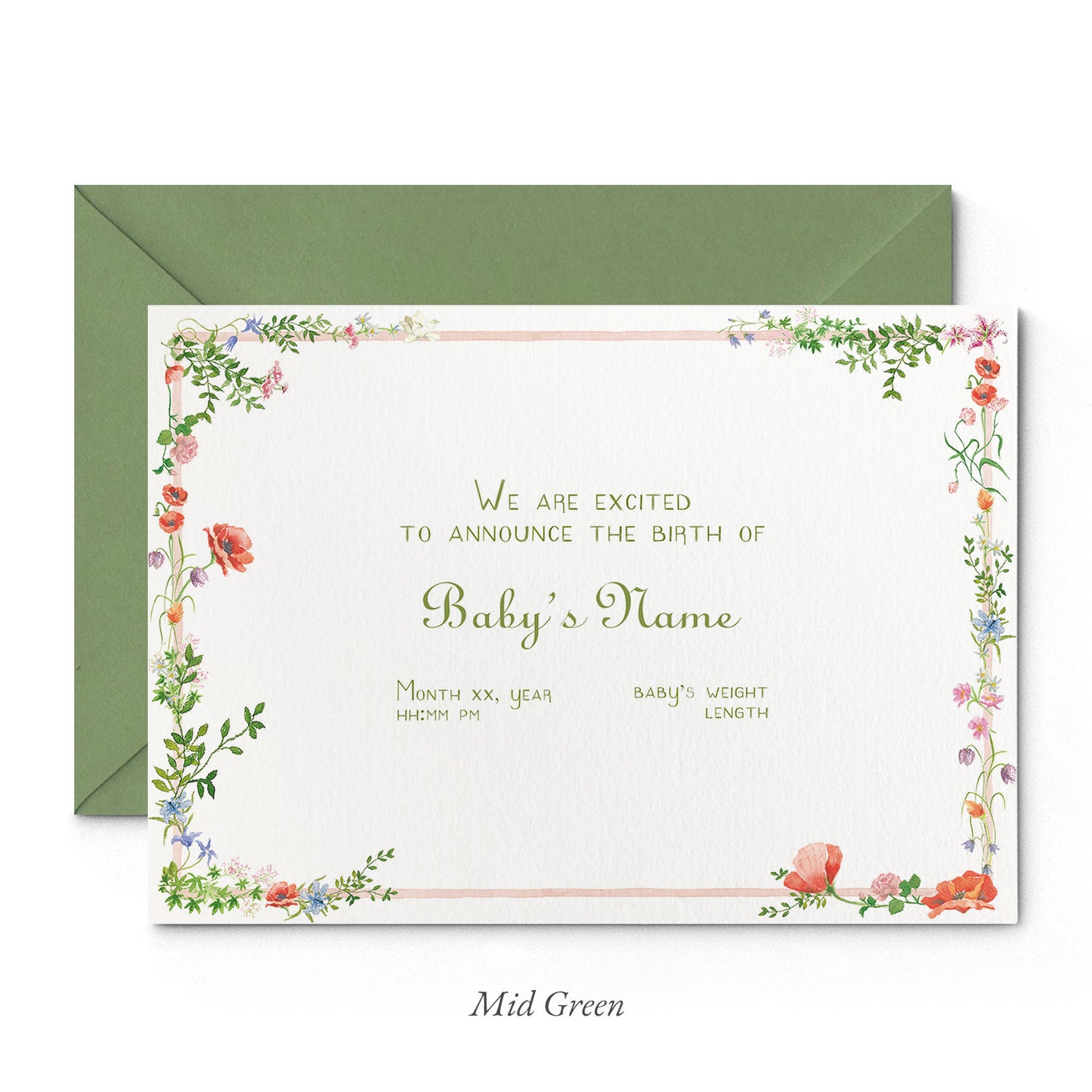 Image of Clementina Sketchbook's wild bloom printed birth announcement with a pale pink and floral border, personalised text, and a green envelope. 