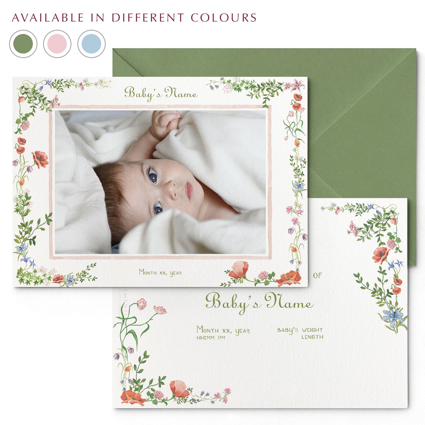  Image of both sides of Clementina Sketchbook's wild bloom printed birth announcement with a floral border, personalised text, space for a baby photo to be stuck and a green envelope. In the corner of the image is a colour wheel showing the different colours the personalised birth announcement is available in: green, pink and blue.