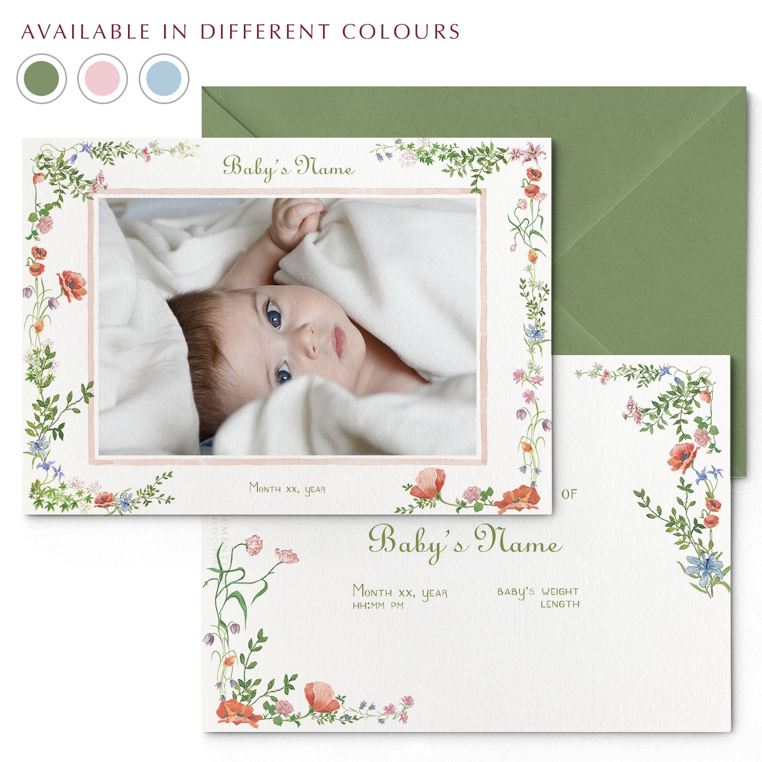  Image of both sides of Clementina Sketchbook's wild bloom printed birth announcement with a floral border, personalised text, space for a baby photo to be stuck and a green envelope. In the corner of the image is a colour wheel showing the different colours the personalised birth announcement is available in: green, pink and blue.
