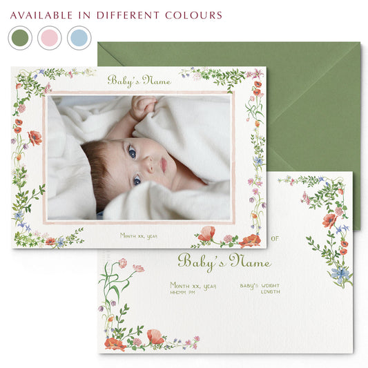  Image of both sides of Clementina Sketchbook's wild bloom printed birth announcement with a floral border, personalised text, space for a baby photo to be stuck and a green envelope. In the corner of the image is a colour wheel showing the different colours the personalised birth announcement is available in: green, pink and blue.