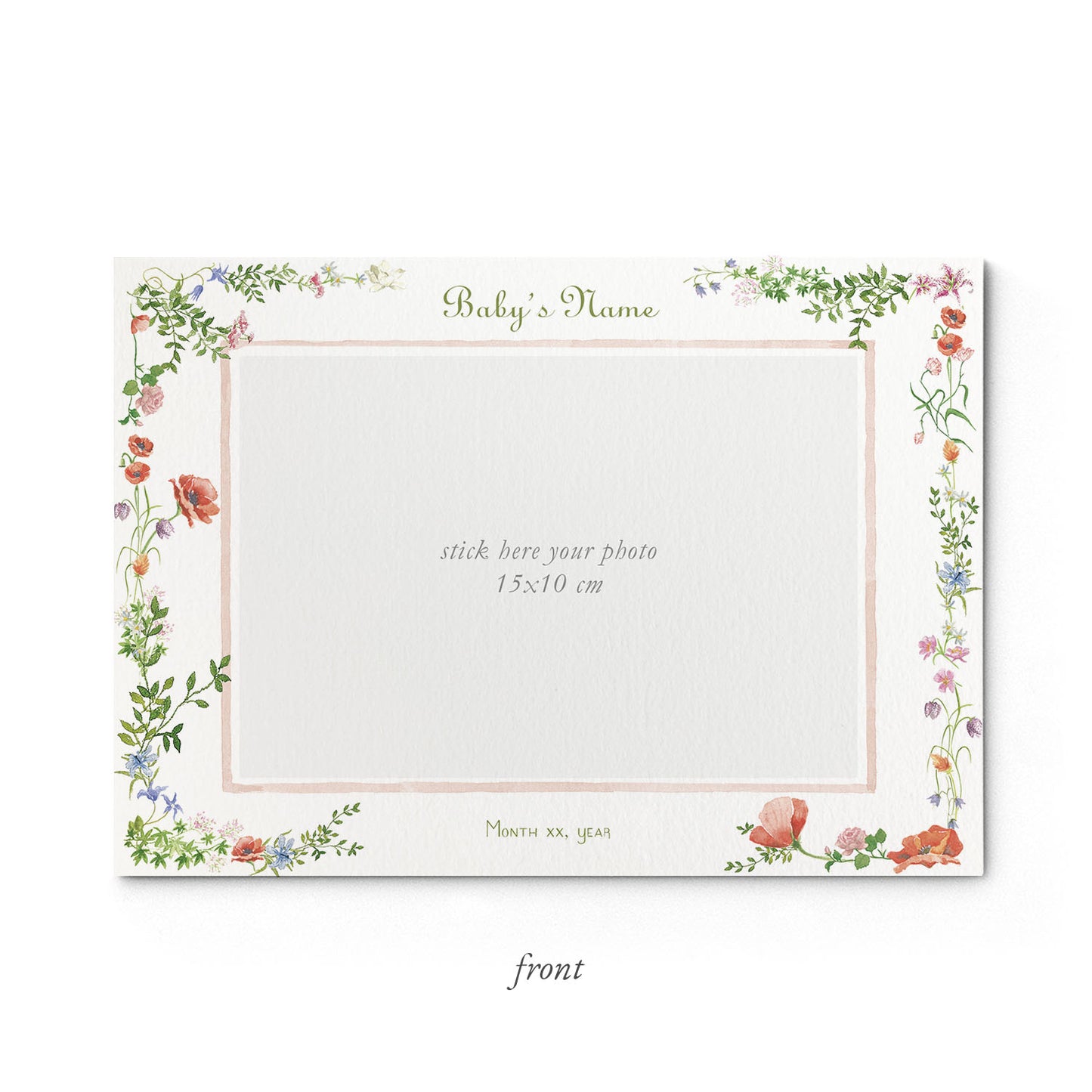 Image of the front of Clementina Sketchbook's wild bloom printed birth announcement with a floral border and space for a baby photo to be stuck.