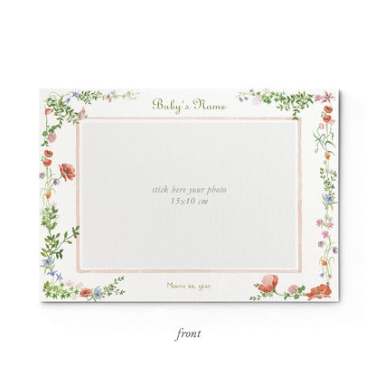Image of the front of Clementina Sketchbook's wild bloom printed birth announcement with a floral border and space for a baby photo to be stuck.