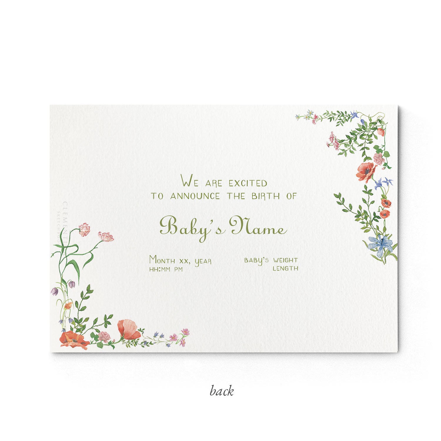 Image of the back of Clementina Sketchbook's wild bloom printed birth announcement with a floral border and space for personalised text.