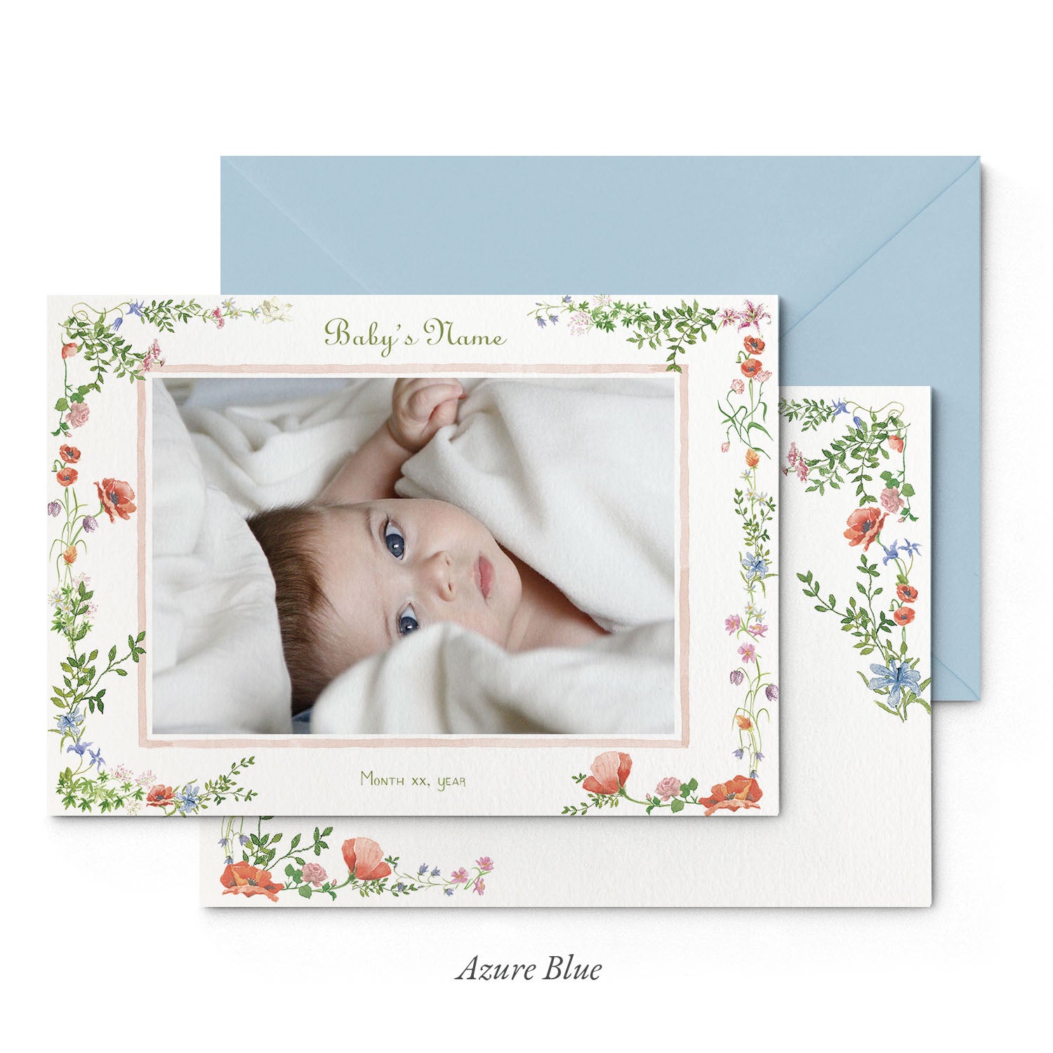 Image of both sides of Clementina Sketchbook's wild bloom printed birth announcement with a floral border, personalised text, space for a baby photo to be stuck and a blue envelope.