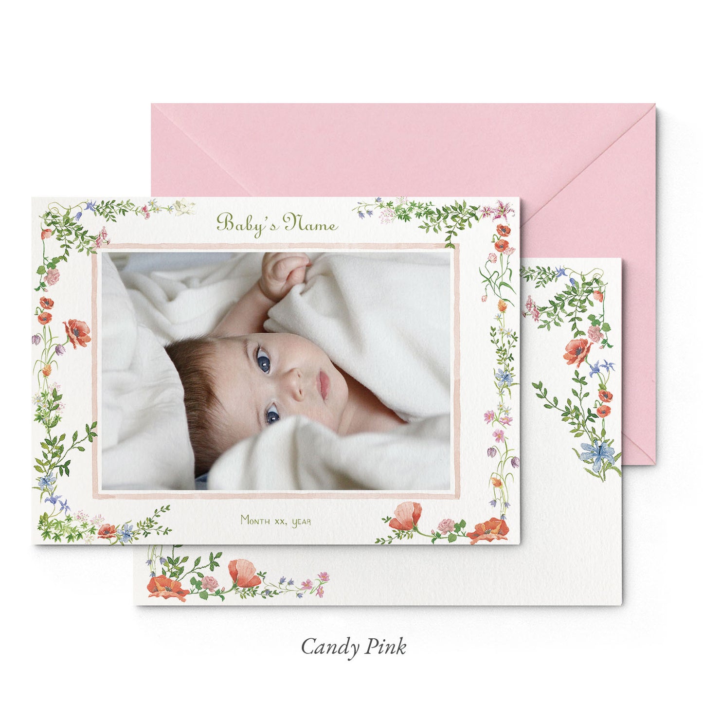 Image of both sides of Clementina Sketchbook's wild bloom printed birth announcement with a floral border, personalised text, space for a baby photo to be stuck and a pink envelope.