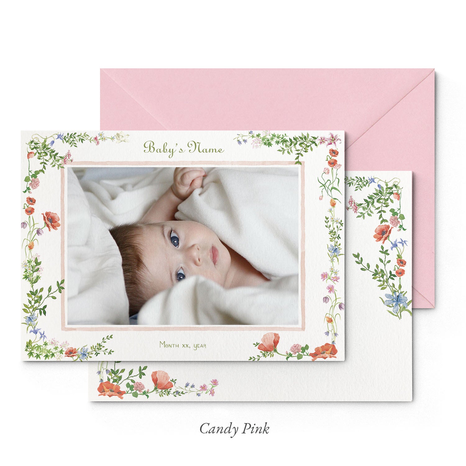 Image of both sides of Clementina Sketchbook's wild bloom printed birth announcement with a floral border, personalised text, space for a baby photo to be stuck and a pink envelope.