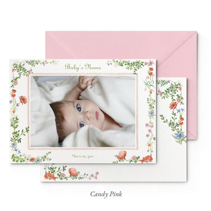 Image of both sides of Clementina Sketchbook's wild bloom printed birth announcement with a floral border, personalised text, space for a baby photo to be stuck and a pink envelope.