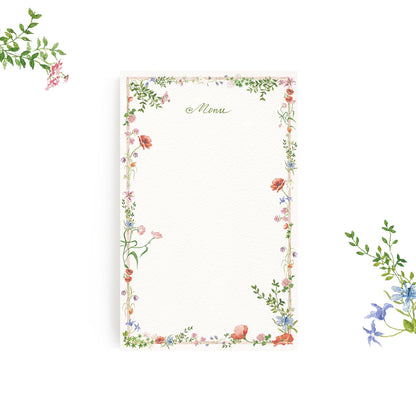 Image of our wildflowers menu left blank without personalised text, the perfect wedding menu. 