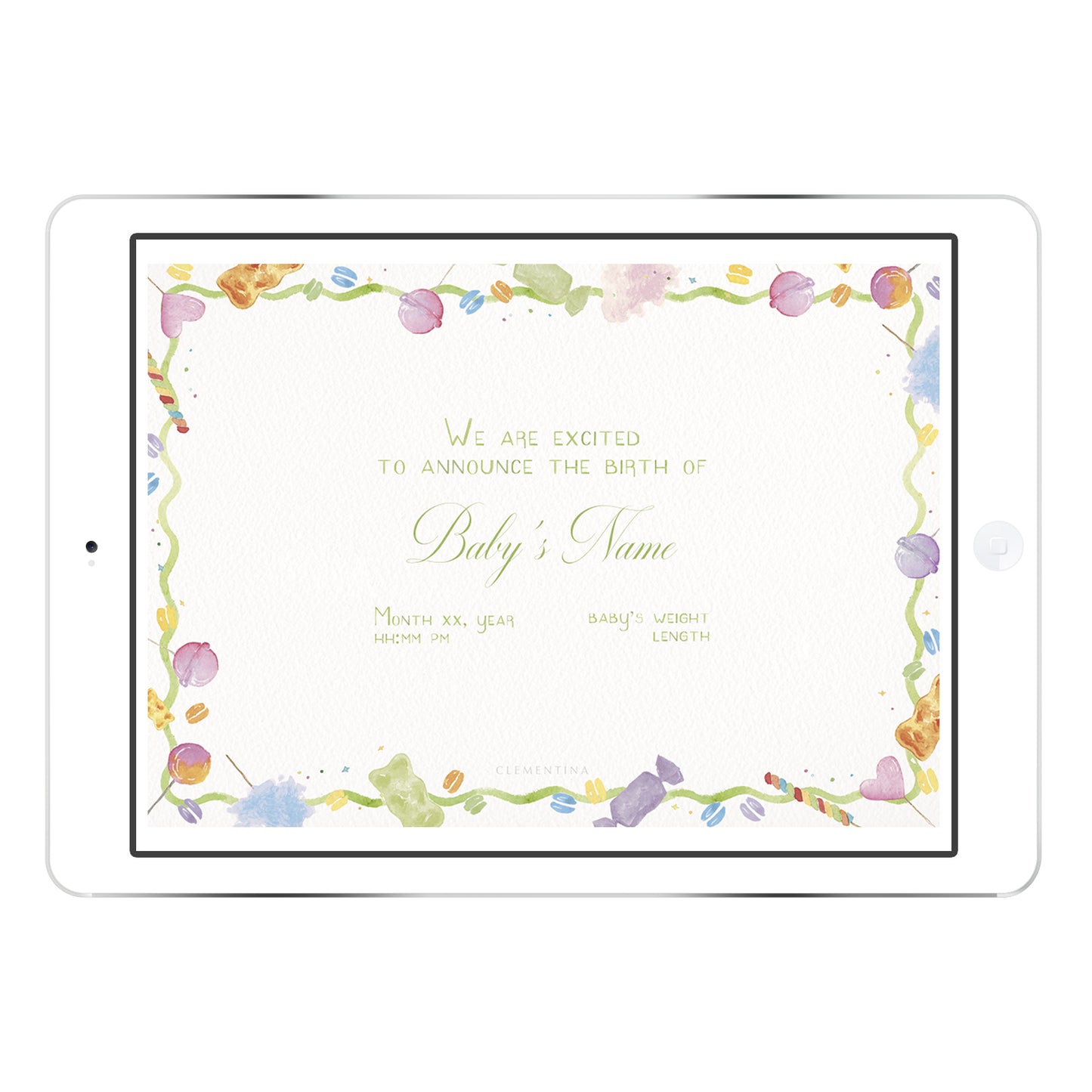 Blank Candy digital birth announcement template from Clementina Sketchbook with pastel candy and lollipop border and a green scalloped photo frame, ready for personalised baby details.