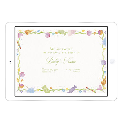 Blank Candy digital birth announcement template from Clementina Sketchbook with pastel candy and lollipop border and a green scalloped photo frame, ready for personalised baby details.