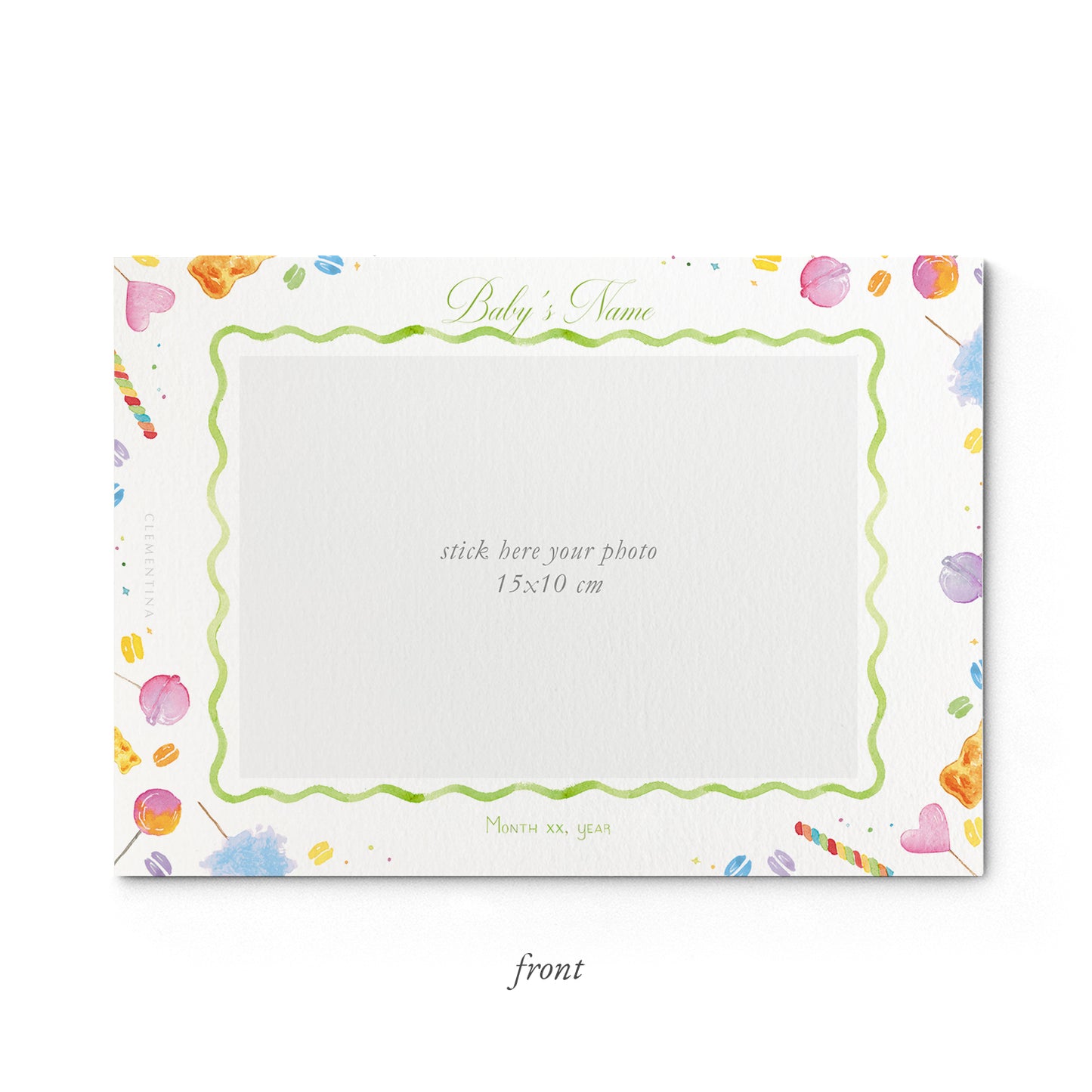 Image of the front of Clementina Sketchbook's candy printed birth announcement with a multicoloured candy border and space for a baby photo to be stuck on.