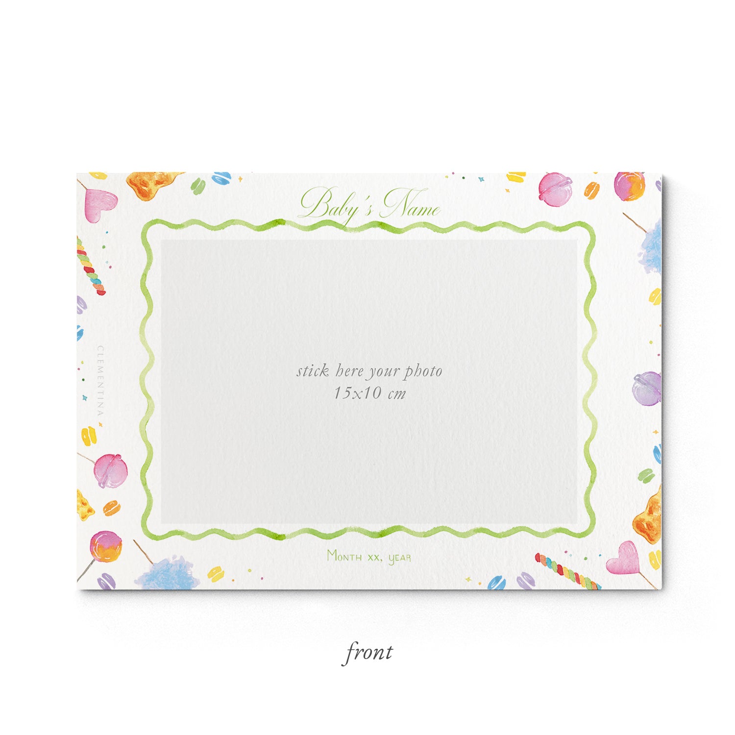 Image of the front of Clementina Sketchbook's candy printed birth announcement with a multicoloured candy border and space for a baby photo to be stuck on.
