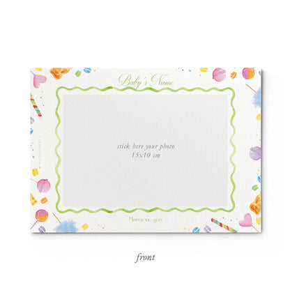 Image of the front of Clementina Sketchbook's candy printed birth announcement with a multicoloured candy border and space for a baby photo to be stuck on.
