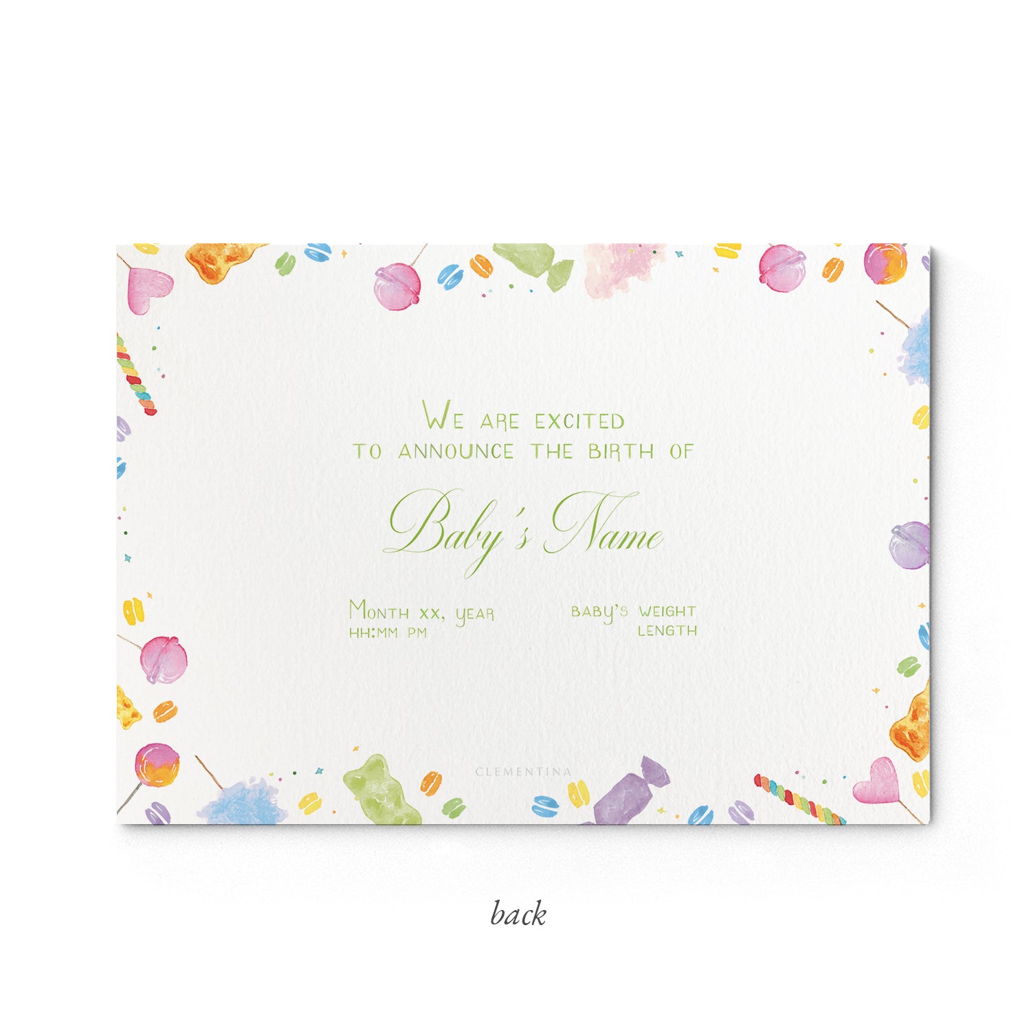 Image of the back of Clementina Sketchbook's candy printed birth announcement with a multicoloured candy border and space for personalised text.