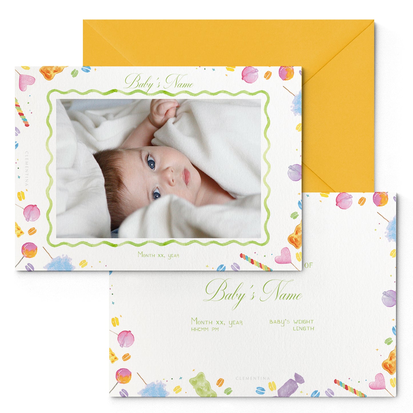 Image of both the front and back of Clementina Sketchbook's candy printed birth announcement with a photo of a baby on the front, a multicoloured candy border, personalised text and a yellow envelope.