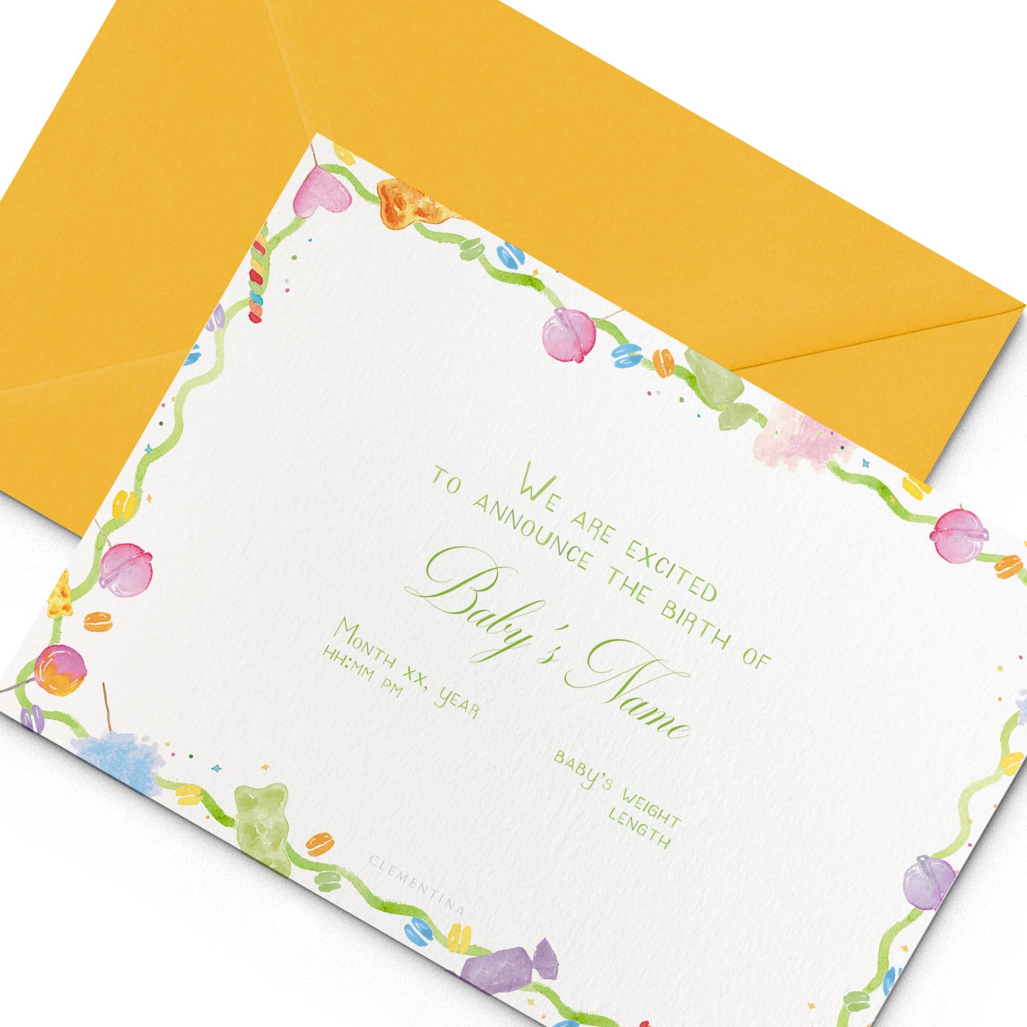 Image of Clementina Sketchbook's candy printed with announcement with a multicoloured candy border, personalised text and a yellow envelope. 