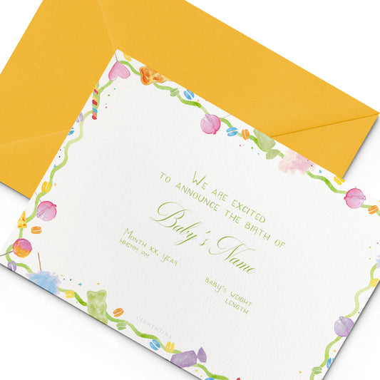 Image of Clementina Sketchbook's candy printed with announcement with a multicoloured candy border, personalised text and a yellow envelope. 