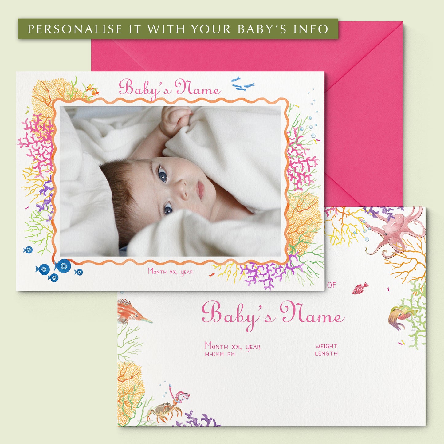 Coral Reef Printed Birth Announcements - With Photo - 01