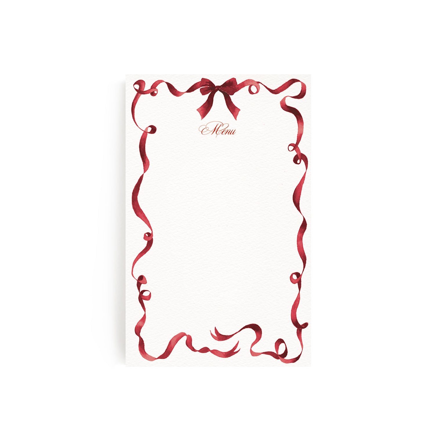 Image of our ribbon holiday dinner menu in red left blank without personalised text, the perfect custom design.