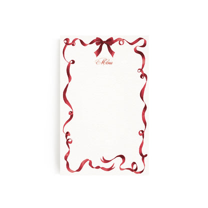 Image of our ribbon holiday dinner menu in red left blank without personalised text, the perfect custom design.