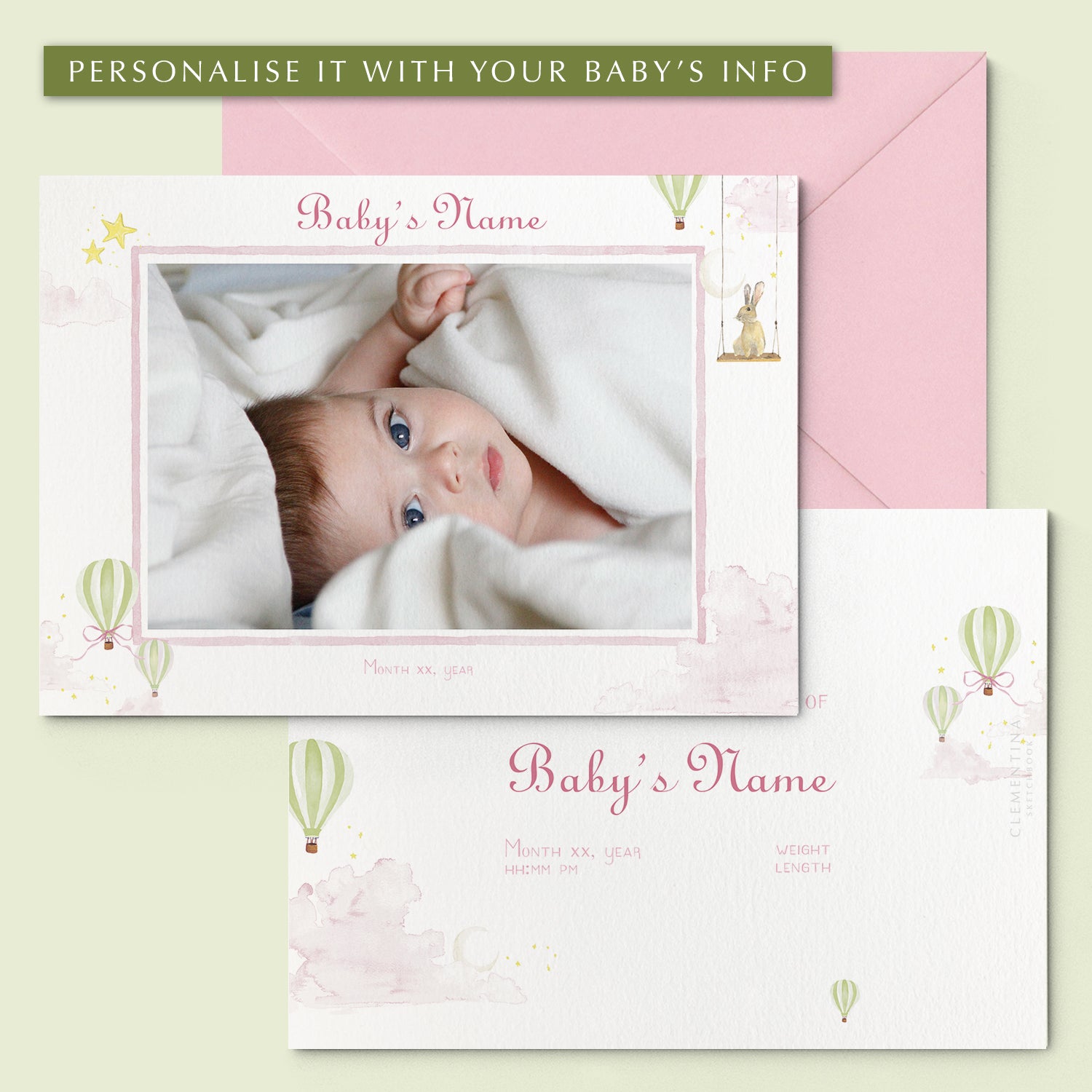 Hot Air Balloons Printed Birth Announcements - With Photo - 01