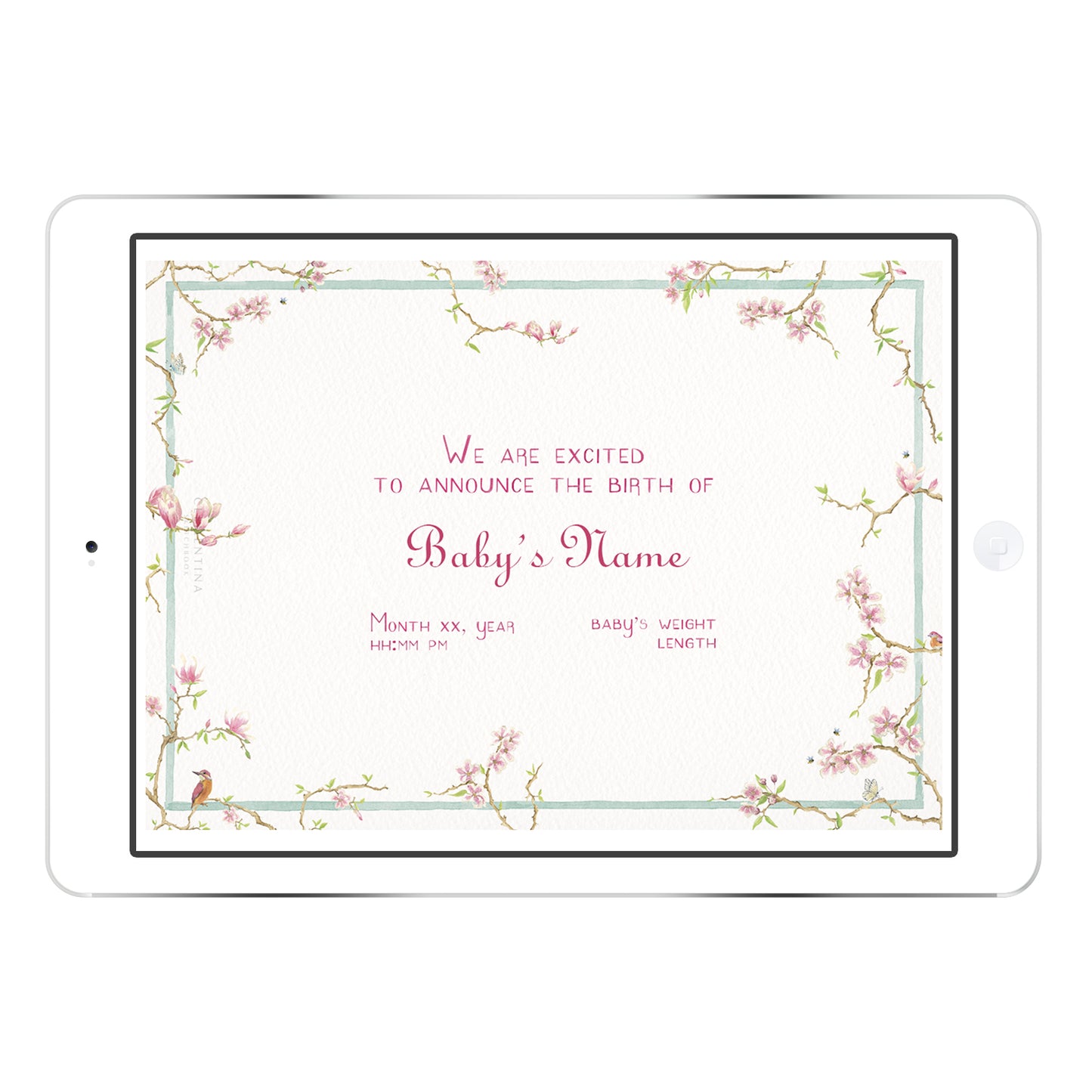 Magnolia digital Birth Announcement from Clementina Sketchbook displayed on a tablet mockup, featuring hand-painted magnolia flowers around the layout with personalised baby details.