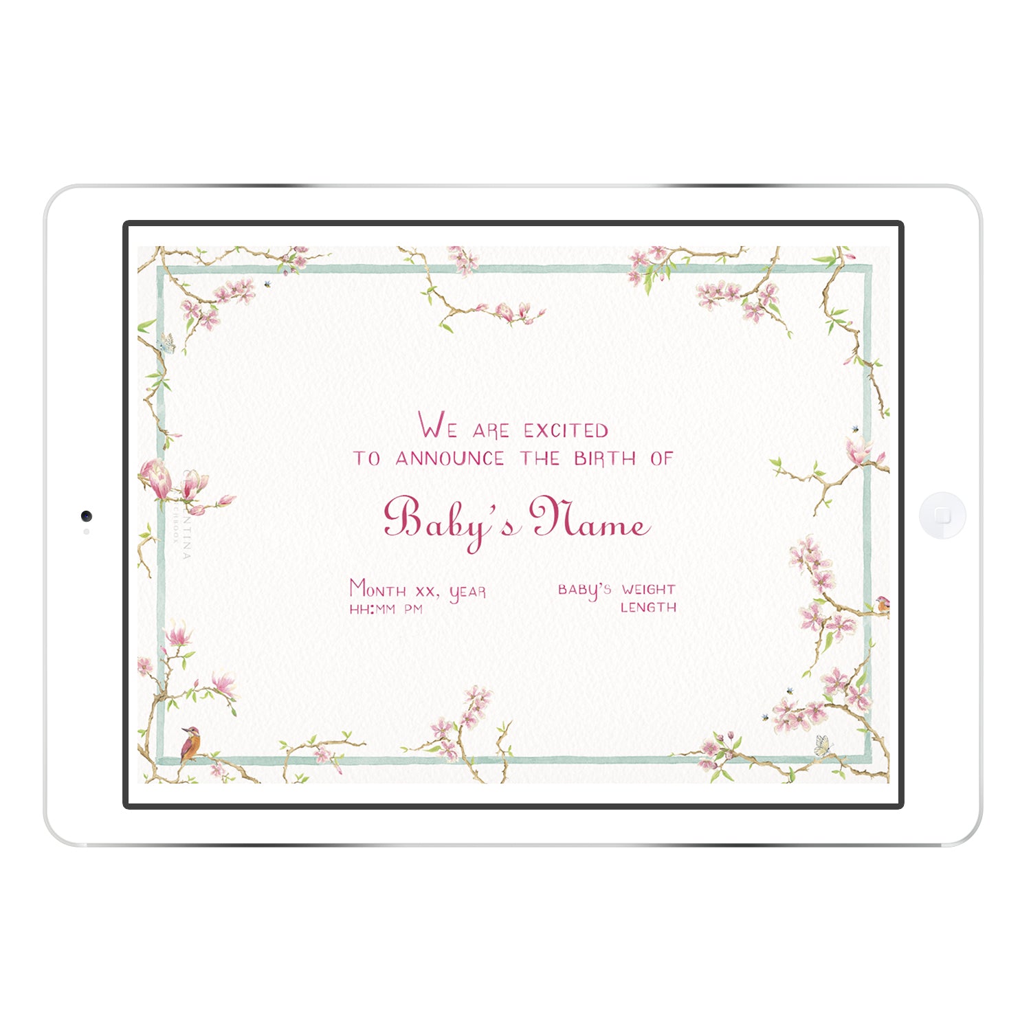 Magnolia digital Birth Announcement from Clementina Sketchbook displayed on a tablet mockup, featuring hand-painted magnolia flowers around the layout with personalised baby details.