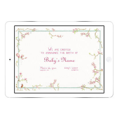 Magnolia digital Birth Announcement from Clementina Sketchbook displayed on a tablet mockup, featuring hand-painted magnolia flowers around the layout with personalised baby details.