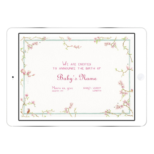 Magnolia digital Birth Announcement from Clementina Sketchbook displayed on a tablet mockup, featuring hand-painted magnolia flowers around the layout with personalised baby details.