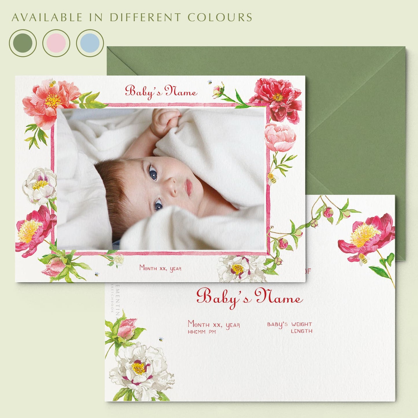 Peonies Printed Birth Announcements with photo - 01