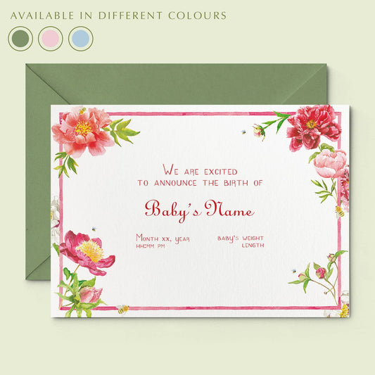 Peonies Printed Birth Announcements without photo - 01